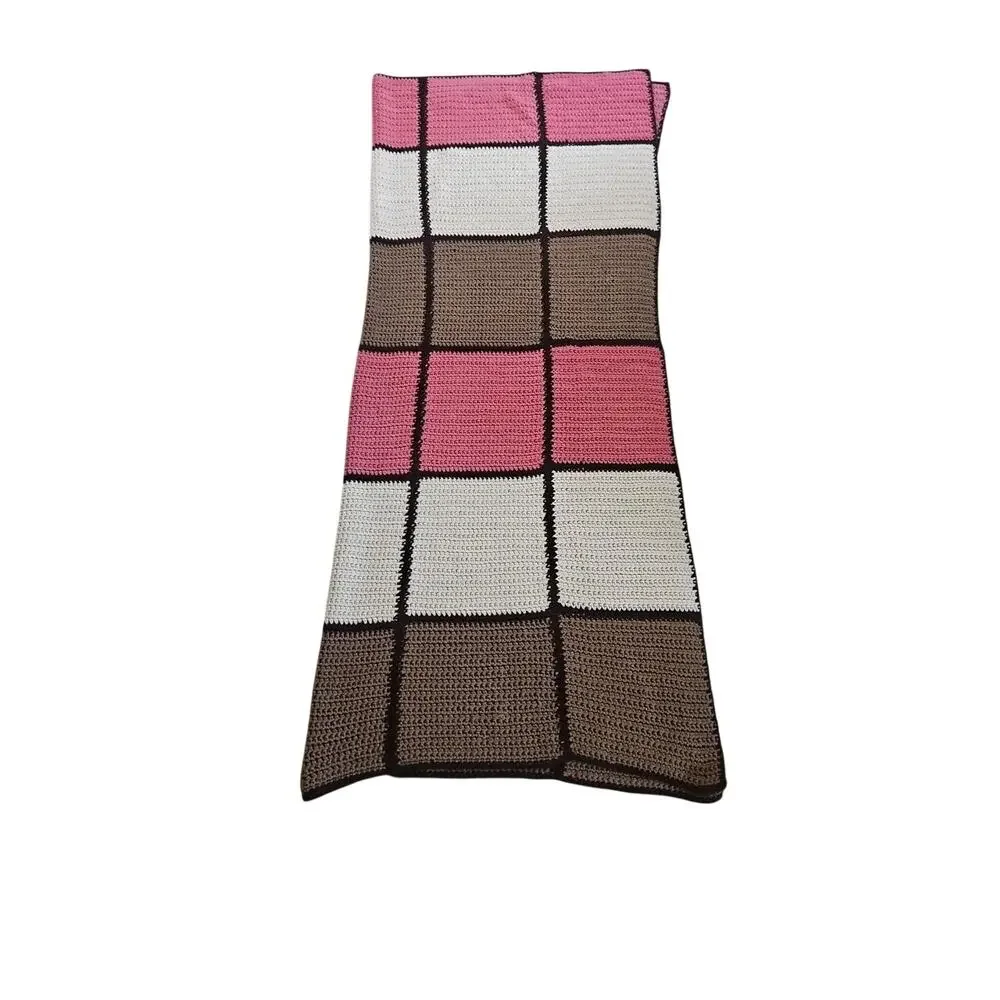 Vintage Style Handmade Crochet Afghan Blanket Pink Cream Brown Color Block 68x64